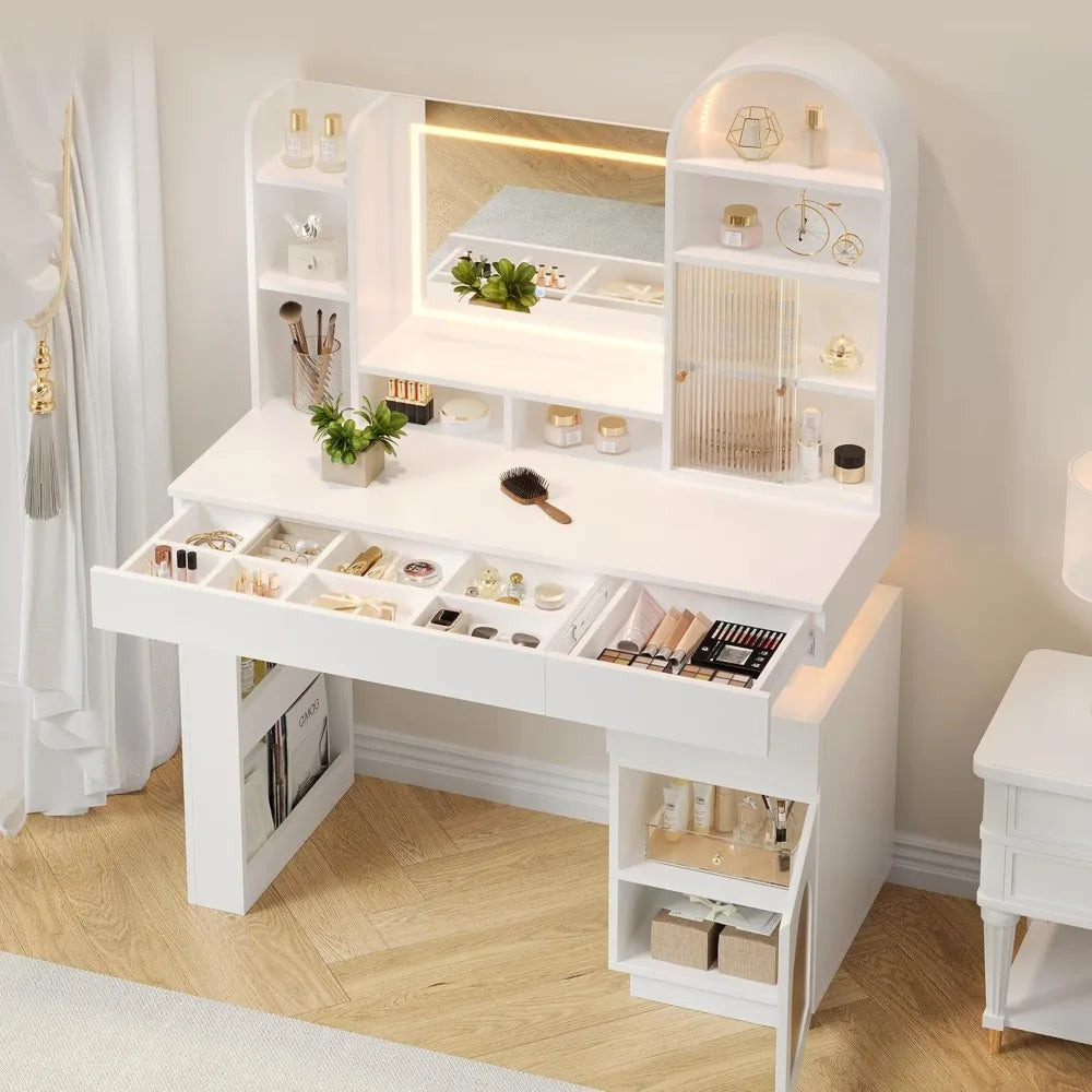 Vanity Desk with Lighted Mirror and Storage Drawers for Makeup