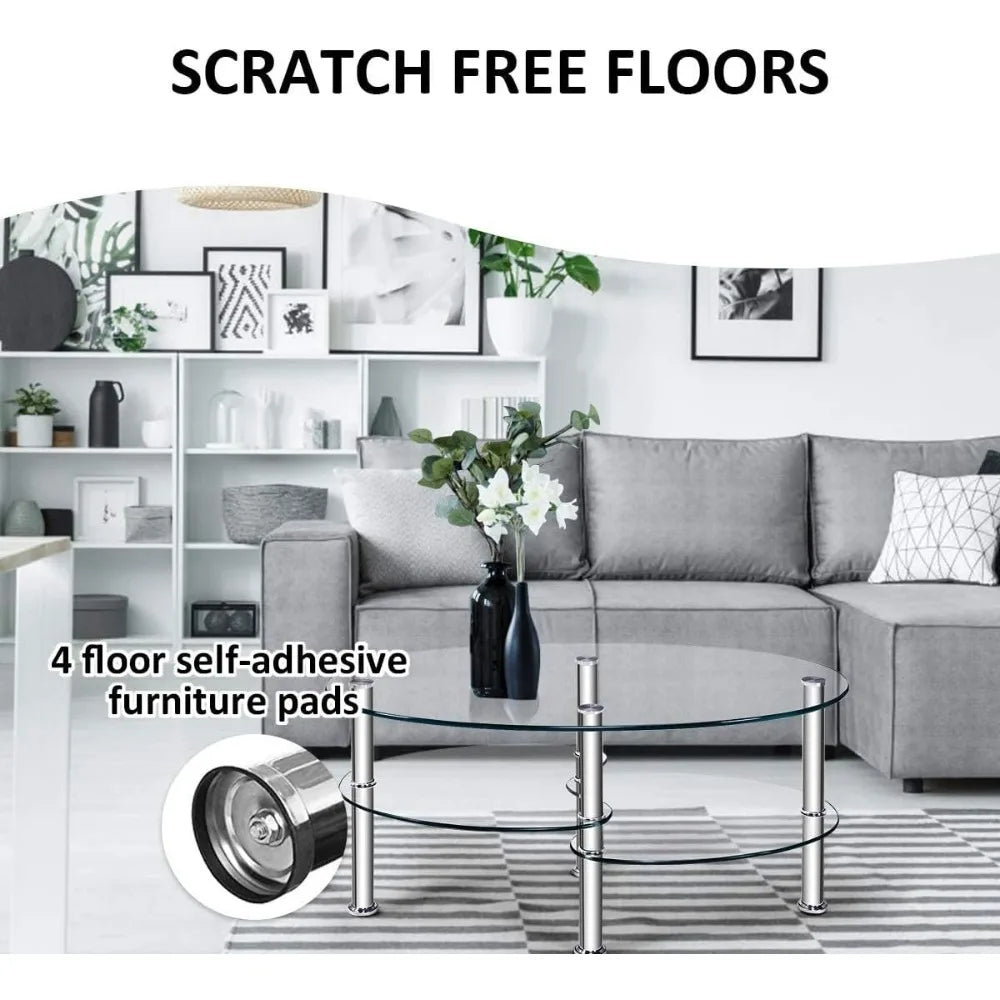 Modern Glass Coffee Table with Steel Legs 3-Tier Shelves for Living Room