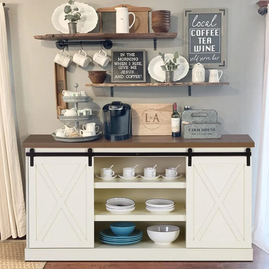 Farmhouse Coffee Bar Cabinet 55" Buffet Sideboard Kitchen Storage