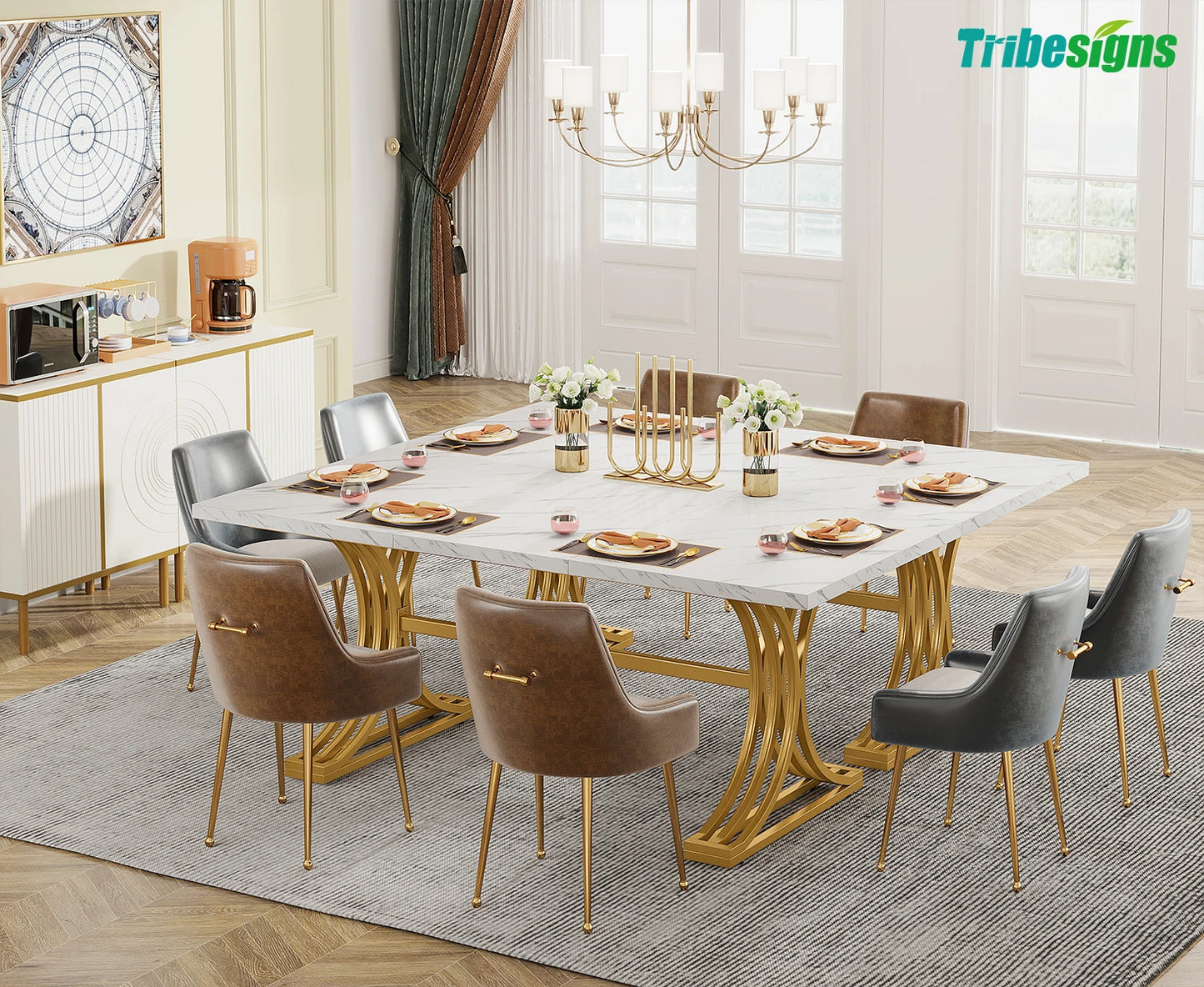 Ljustra 63 Inch Dining Table Rectangular Kitchen Faux Marble Modern Design