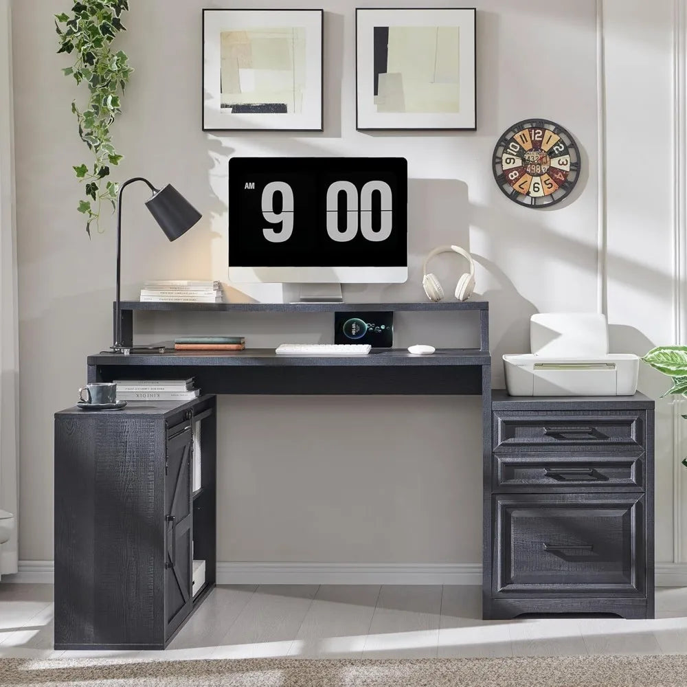 Modern Farmhouse Home Office Desk with File Cabinet 67 Inch