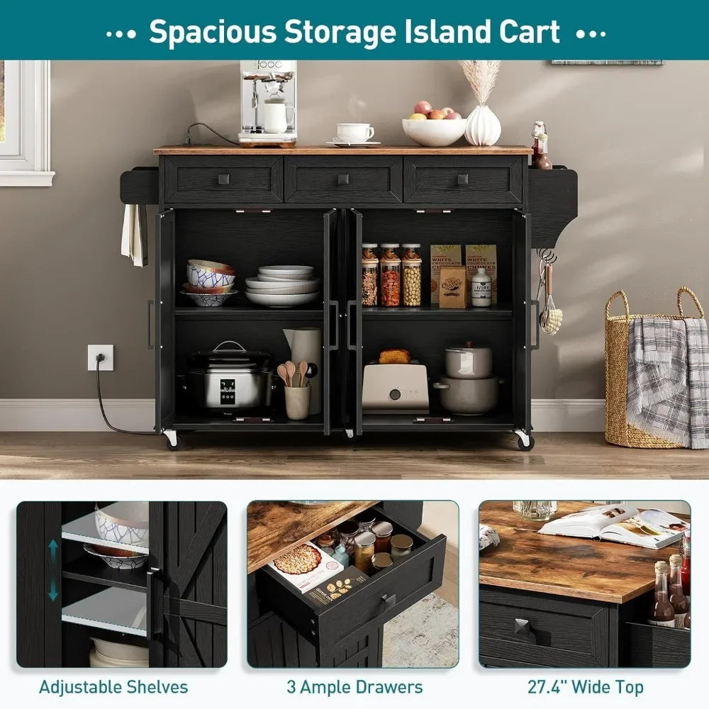 Kitchen Island with Drop Leaf Rolling Cart and Charging Station Storage