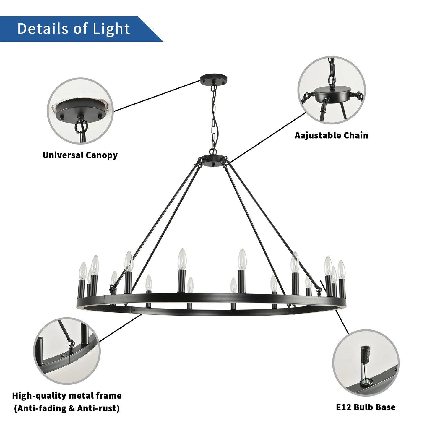 16-Light Wagon Wheel Chandelier Modern Rustic Pendant Light for Home