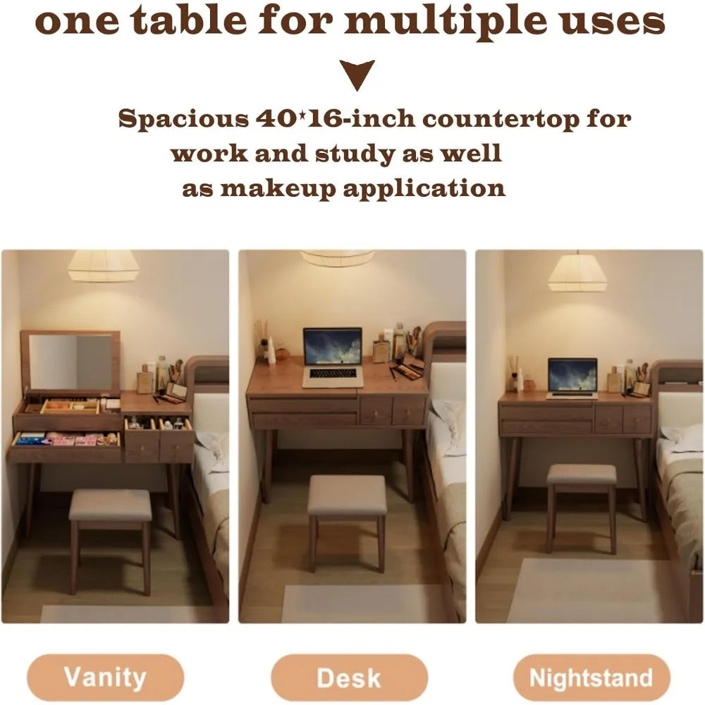 Makeup Vanity Desk with Mirror 3 Lighting Modes Solid Wood 4 Drawers