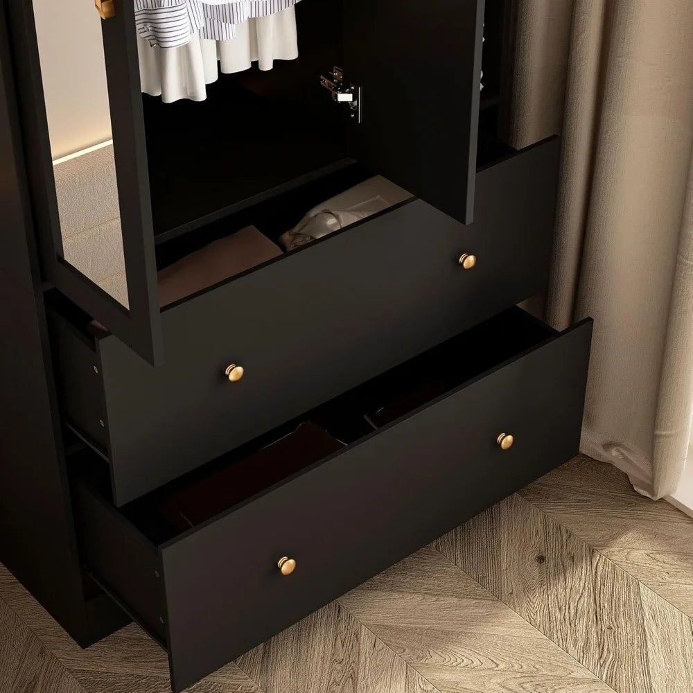 Wardrobe Armoire Closet with Mirror and Drawers Extendable Rod