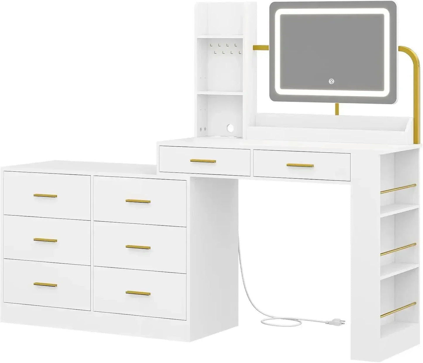 Ljustra Vanity Desk with Mirror and Lights Makeup Table Charging Station 8 Drawers
