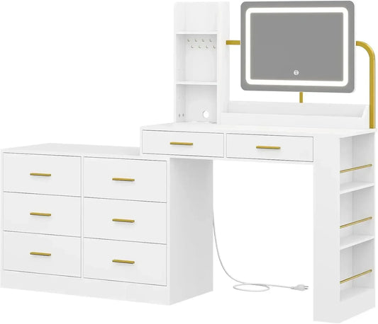 Ljustra Vanity Desk with Mirror and Lights Makeup Table Charging Station 8 Drawers