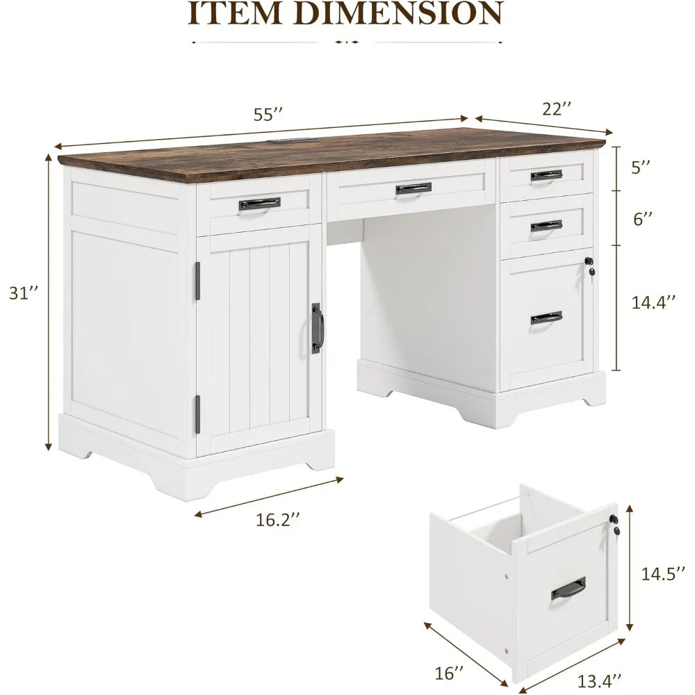 55 Inch Farmhouse Desk with Drawers Charging Station for Home Office