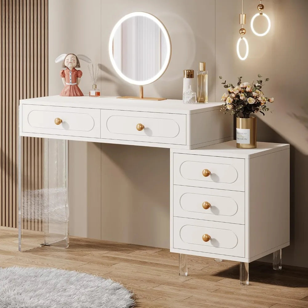 White Makeup Vanity Desk with 5 Drawers Extendable Modern Dressing Table