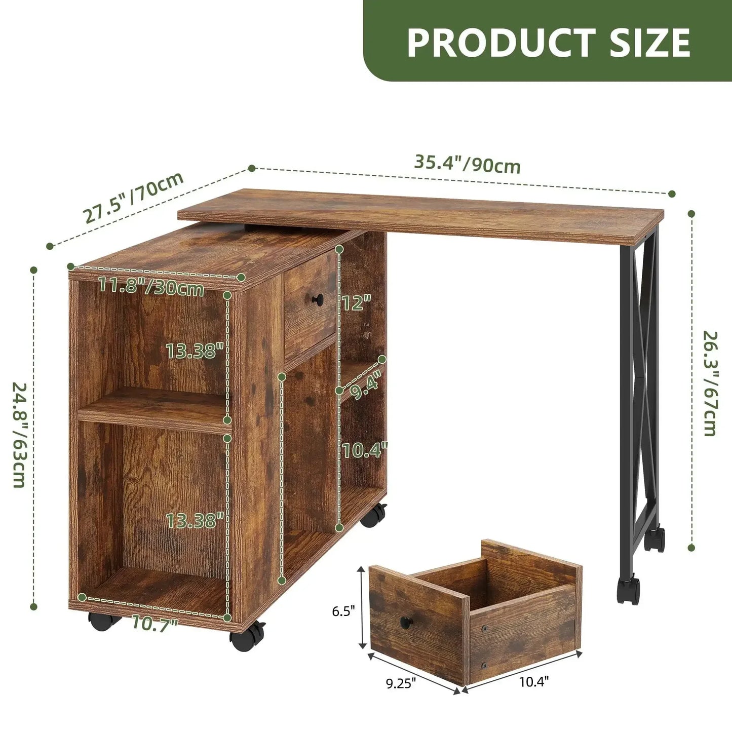 Rotating Writing Office Desk with Storage and Wheels for Home Office