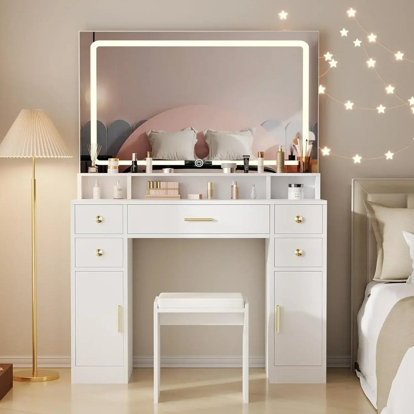 Vanity Desk Set LED Lighted Mirror Makeup Table with Storage and Stool