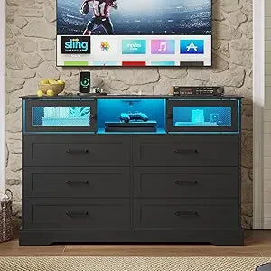 6 Drawer Dresser with LED Lights Charging Station Farmhouse Organizer