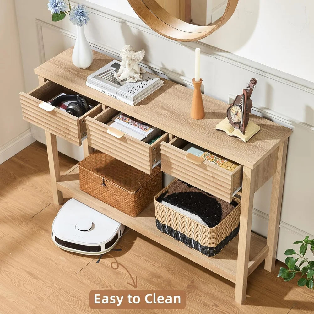 Modern Fluted Console Table 3 Drawers Wood Entryway Storage Shelf