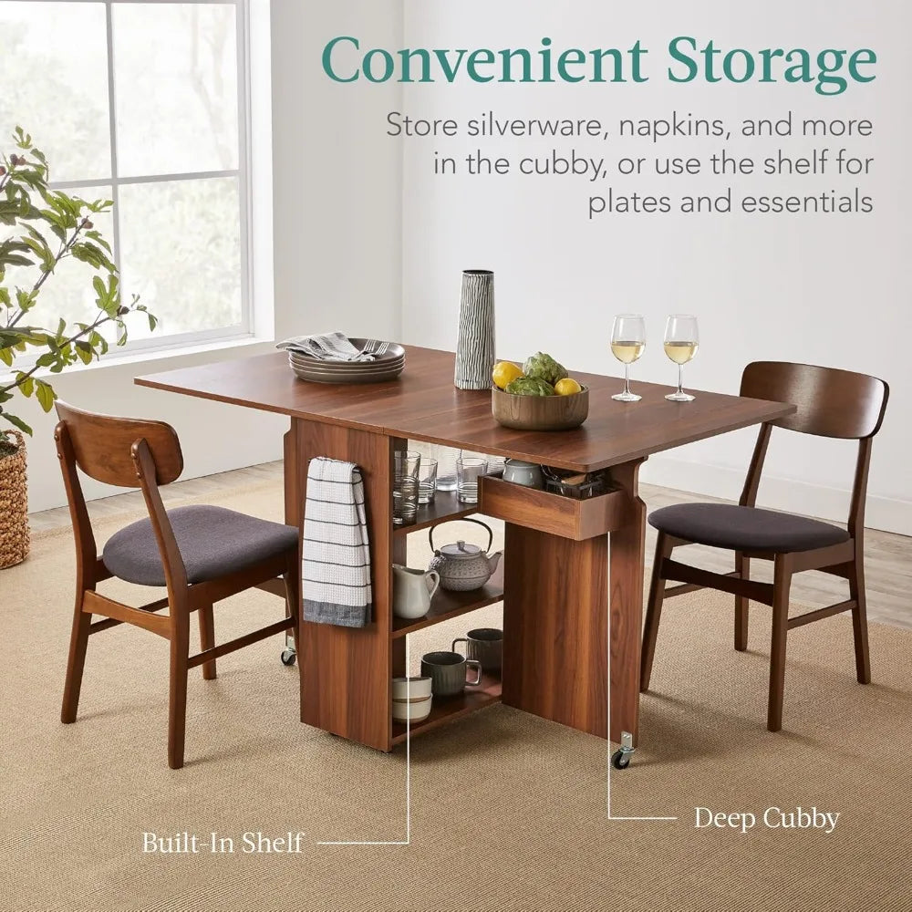 Folding Dining Table Space Saving Drop Leaf Desk with Wheels Storage Shelves