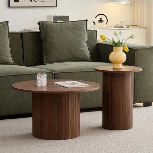 Small Round Coffee Table Set of 2 Wood Finish Nesting Tables Living Room