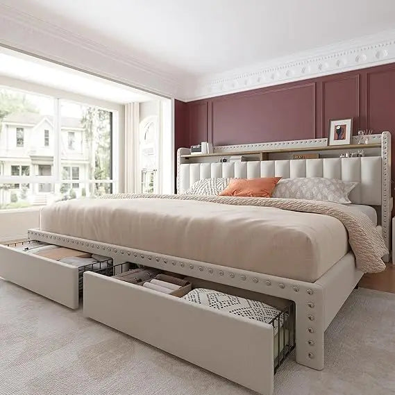 Ljustra King Size Bed Frame with Storage Headboard and Drawers