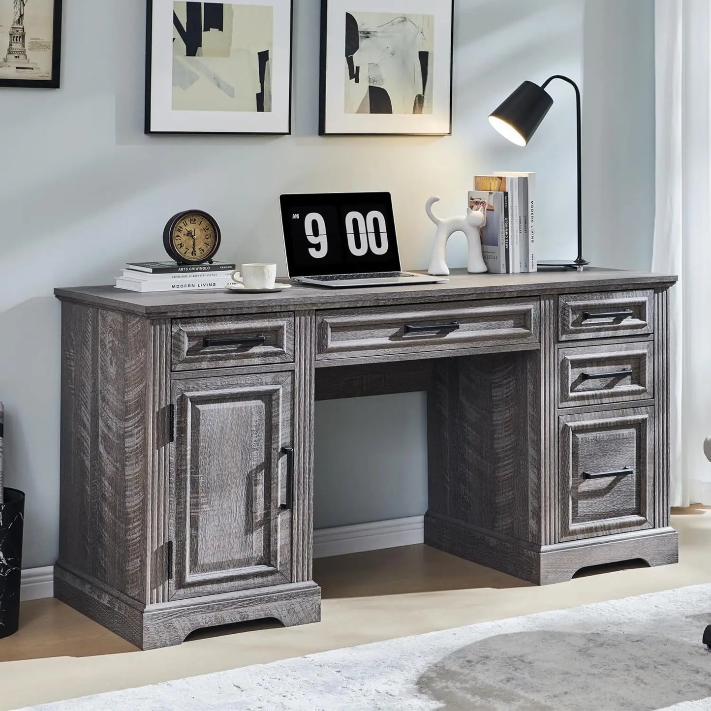 58 Inch Executive Desk Farmhouse Style Computer Desk with Storage