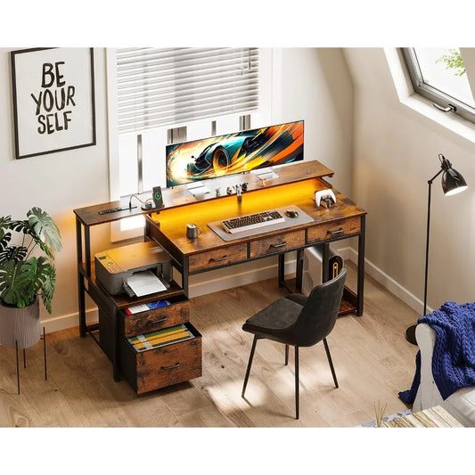 55 Inch Computer Desk with Drawers LED Lights Monitor Stand Storage