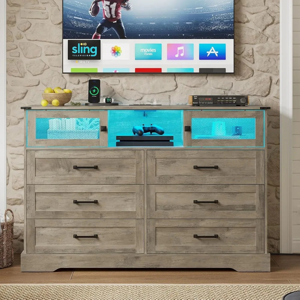 6 Drawer Dresser with LED Lights Charging Station Farmhouse Organizer