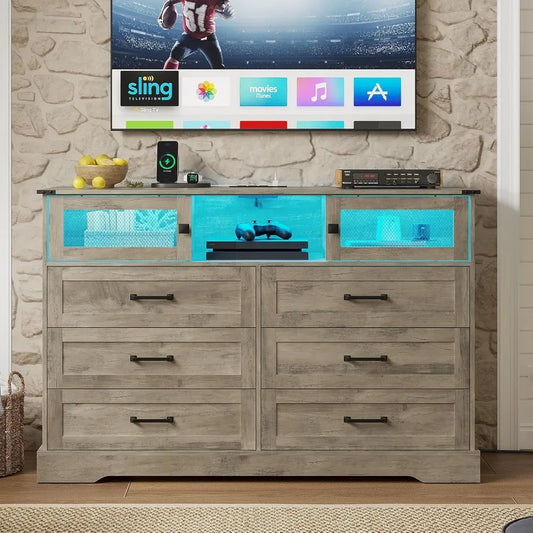 6 Drawer Dresser with LED Lights Charging Station Farmhouse Organizer