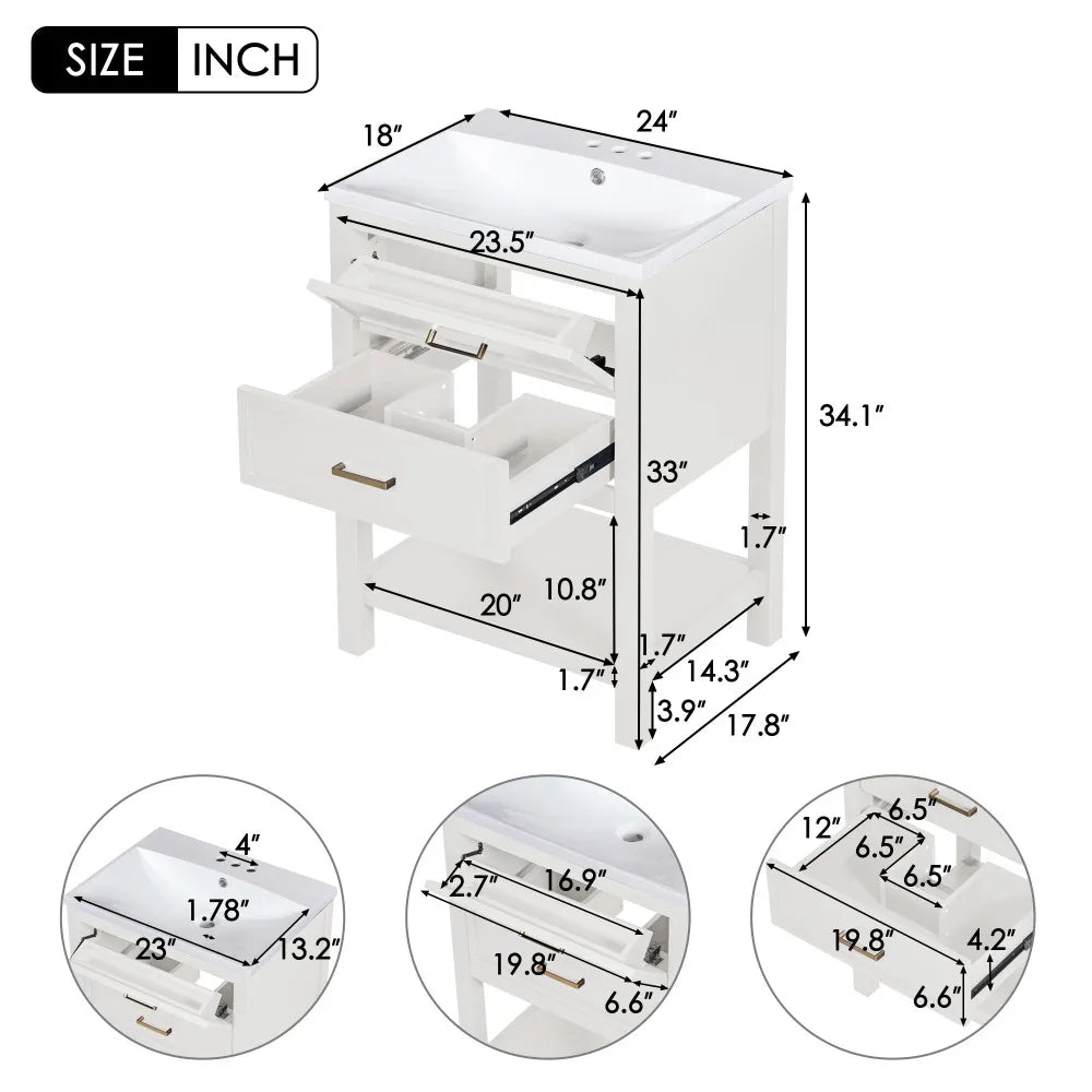 24 Inch Bathroom Vanity Modern Storage Cabinet with Sink and Drawers