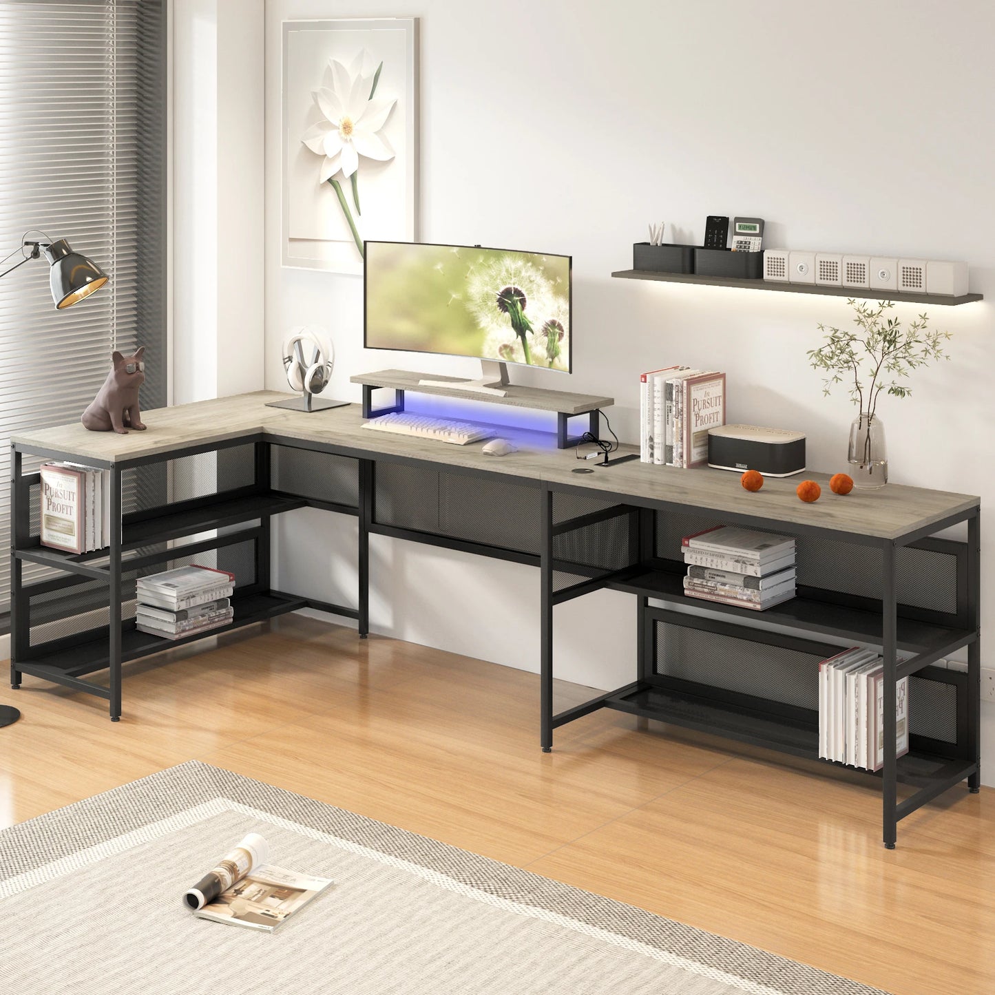 U Shaped Desk with LED Lights Power Outlets Monitor Stand Gaming Office