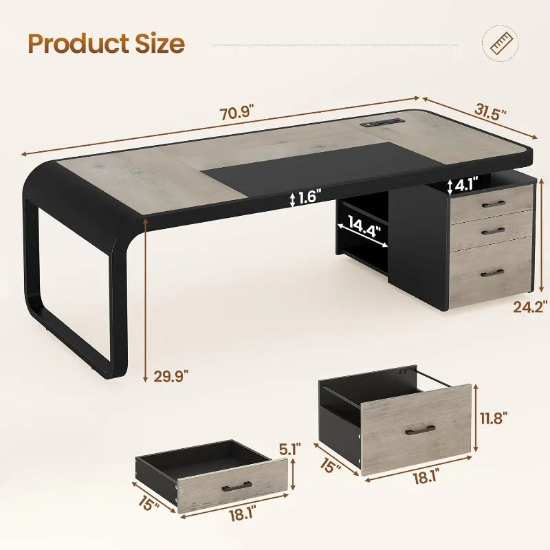 70.9 Inch Executive Desk Large Computer Desk with Drawers and Cabinet