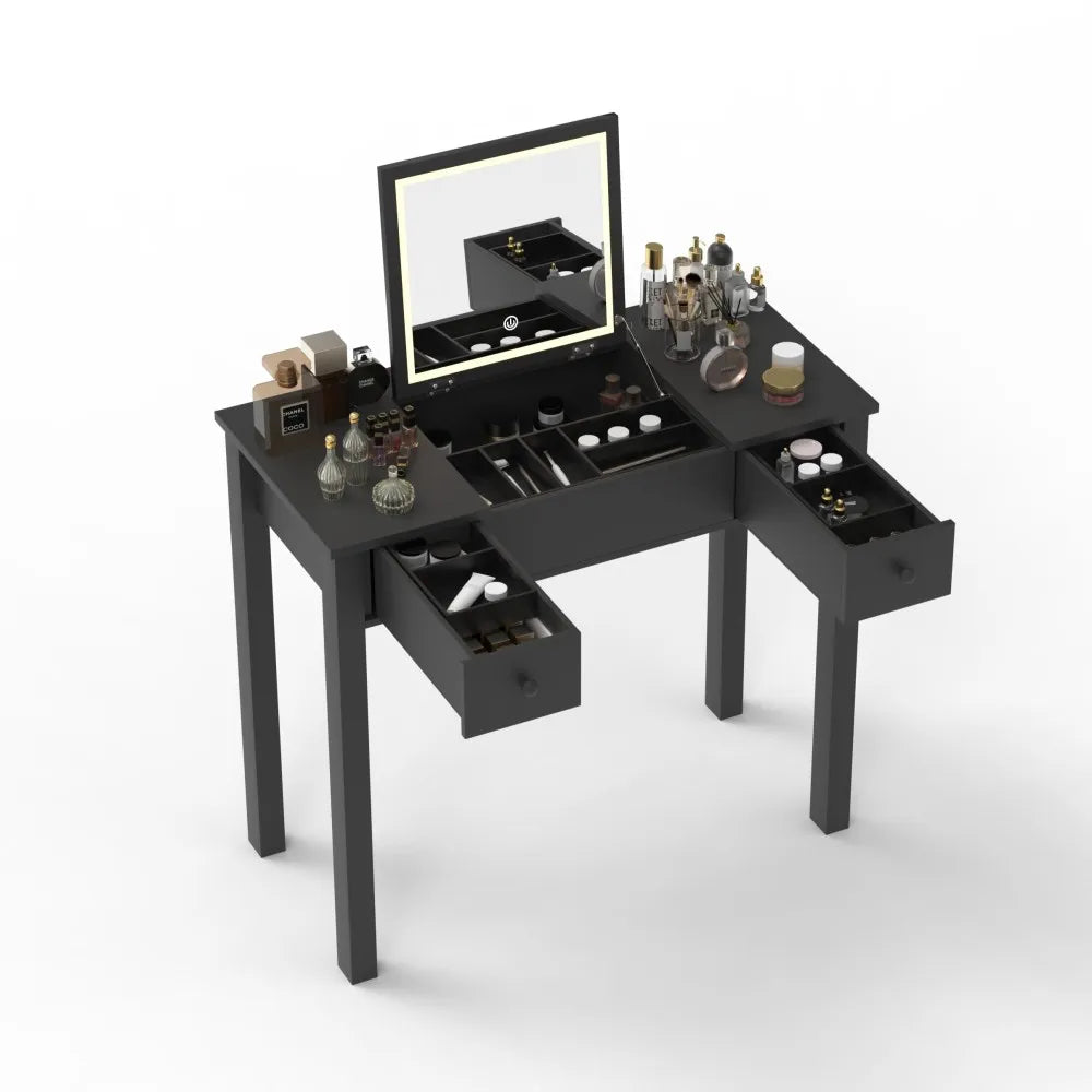 Elegant Black Vanity Table with LED Mirror and Jewelry Storage