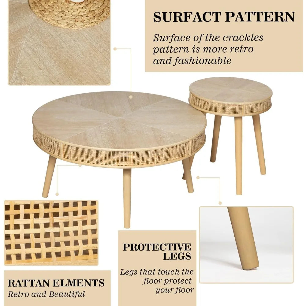 Farmhouse Round Coffee Table Rustic Nesting Table Set for Living Room