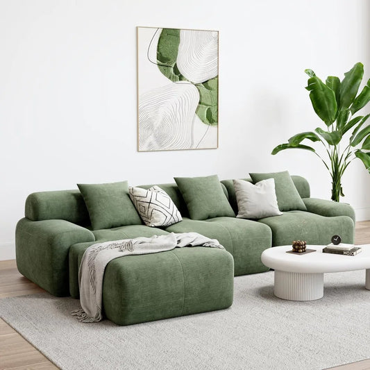 118" Modern L-Shaped Sectional Sofa Green Corduroy Upholstery