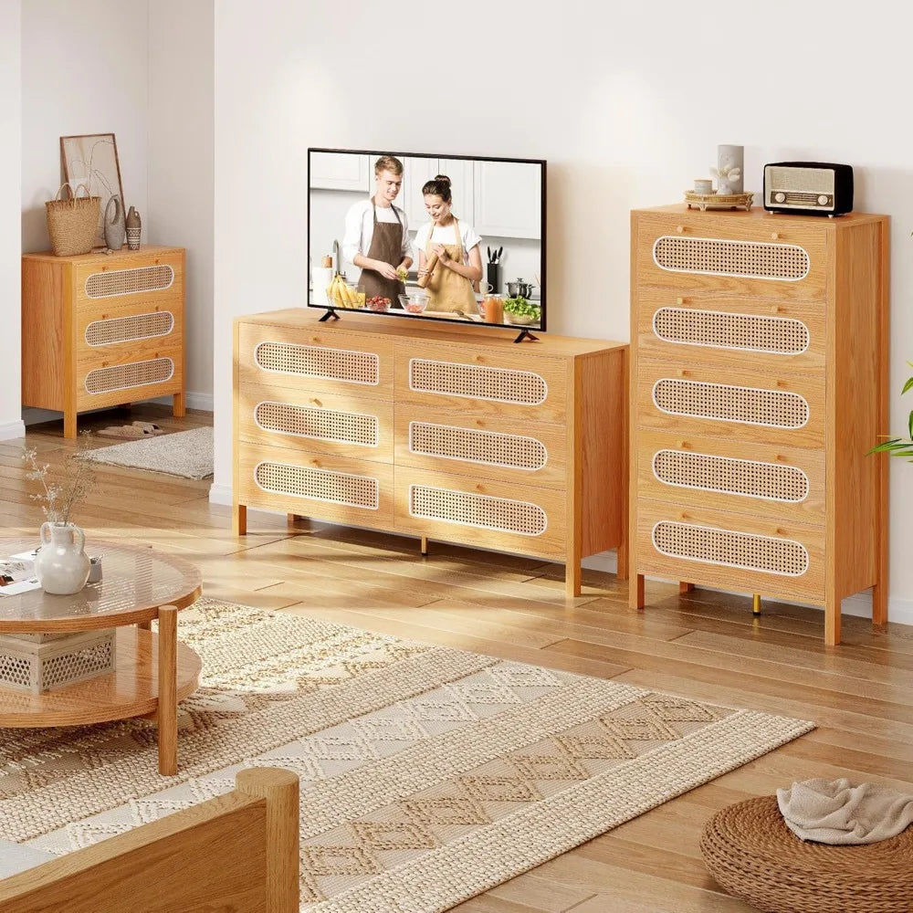 47 Inch Tall Rattan 5 Drawer Dresser Boho Storage Chest of Drawers