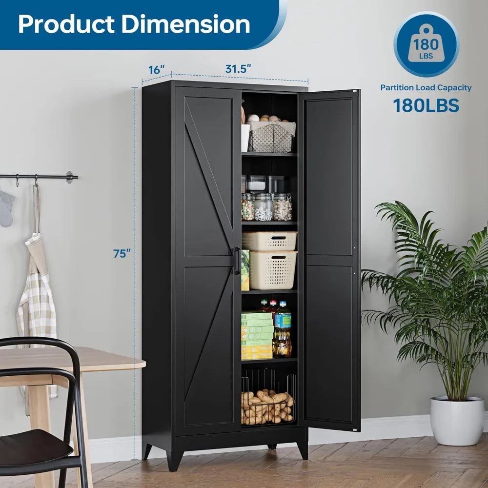 75 Inch Farmhouse Metal Storage Cabinet Adjustable Shelves Pantry Organizer