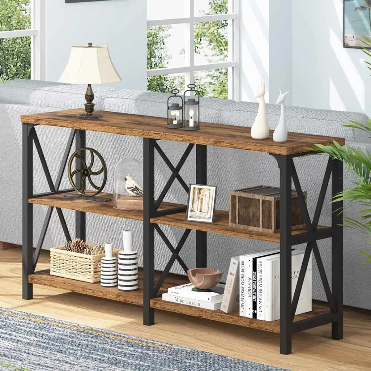 Long Entryway Console Table Industrial Wood Metal 3 Tier Storage Shelf