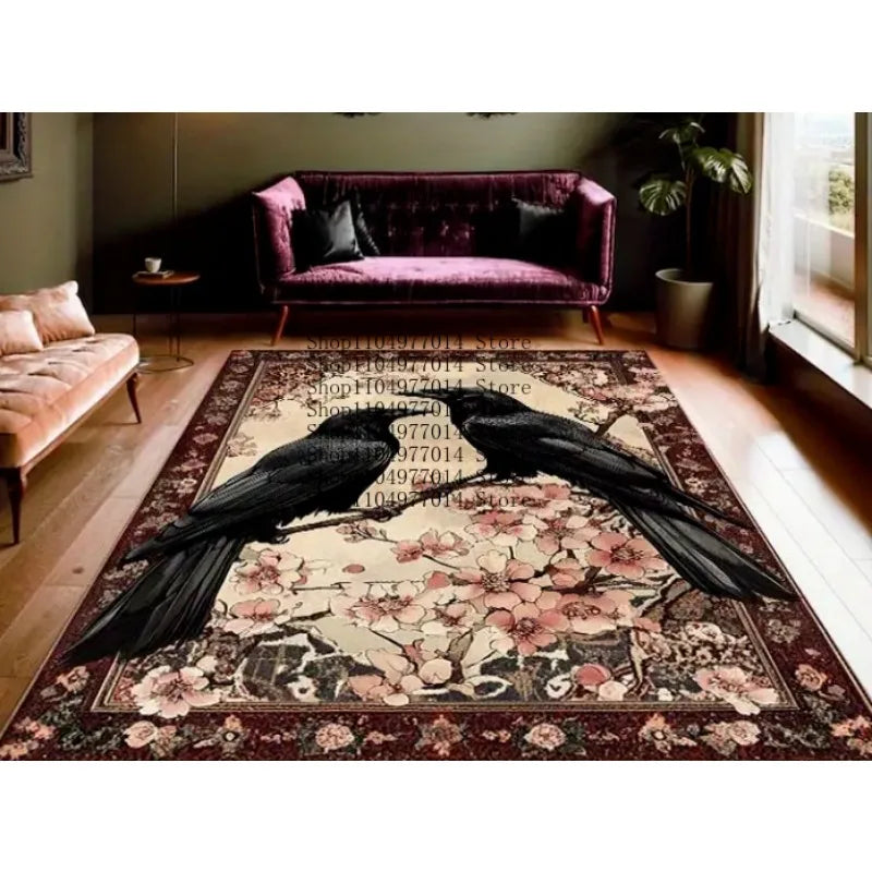 Black Crows Cherry Blossoms Print Rug Soft Non-Slip Home Decor