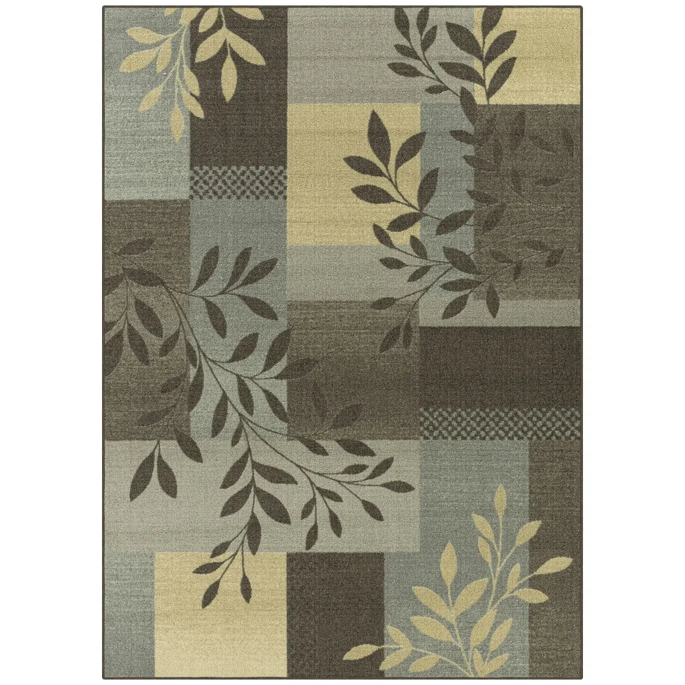Leaf Block Gray Print Non-Slip Area Rug Stain Resistant Durable Modern
