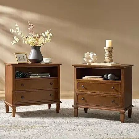 Nightstand Set of 2 with Charging Station Farmhouse End Table Storage