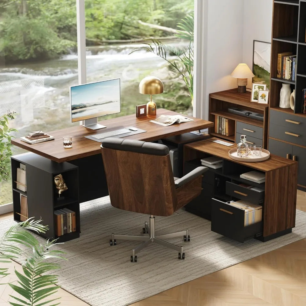 L Shaped Height Adjustable Standing Desk with File Cabinets and USB AC