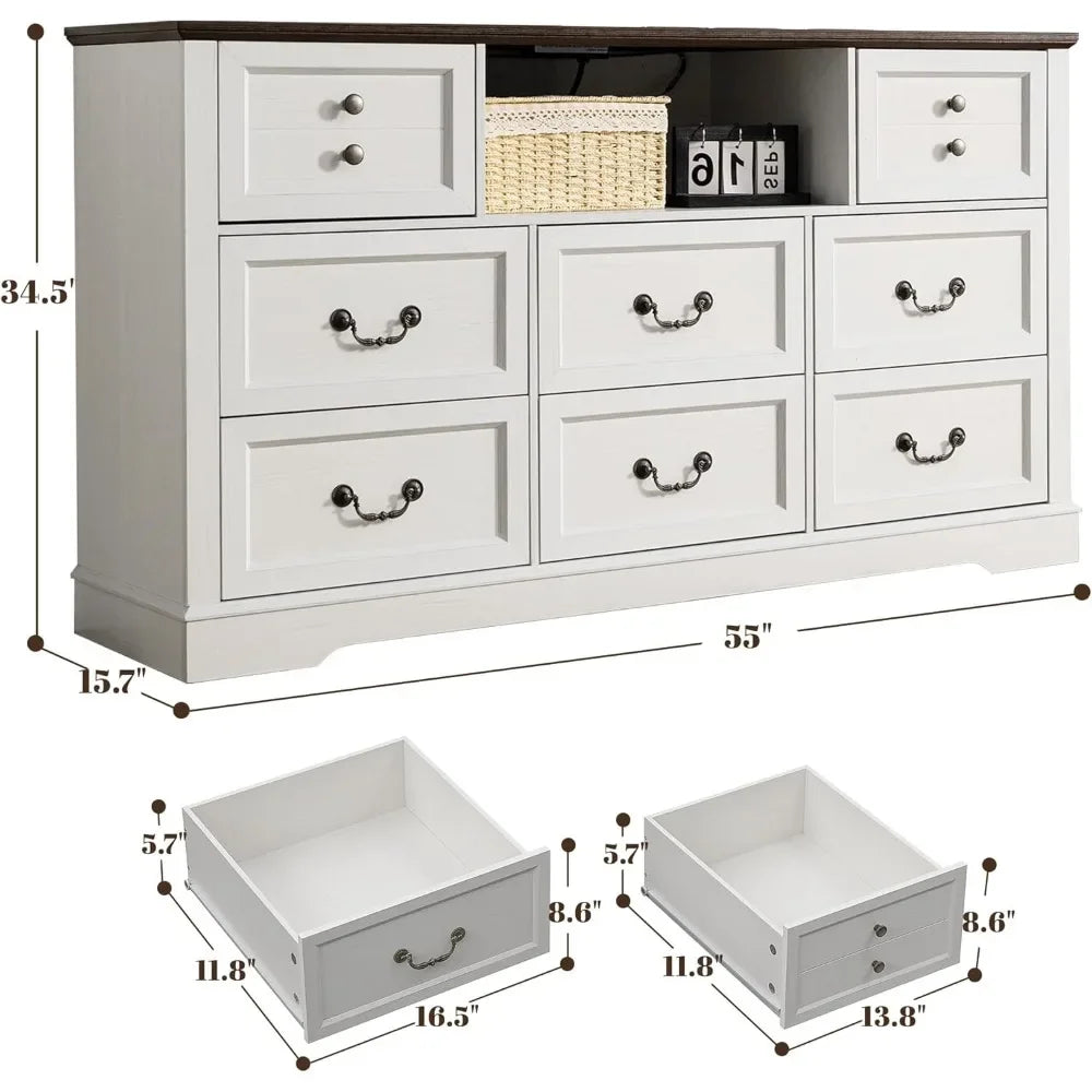 Dresser with Power Outlets and LED Lights Rustic Wood Chest of Drawers