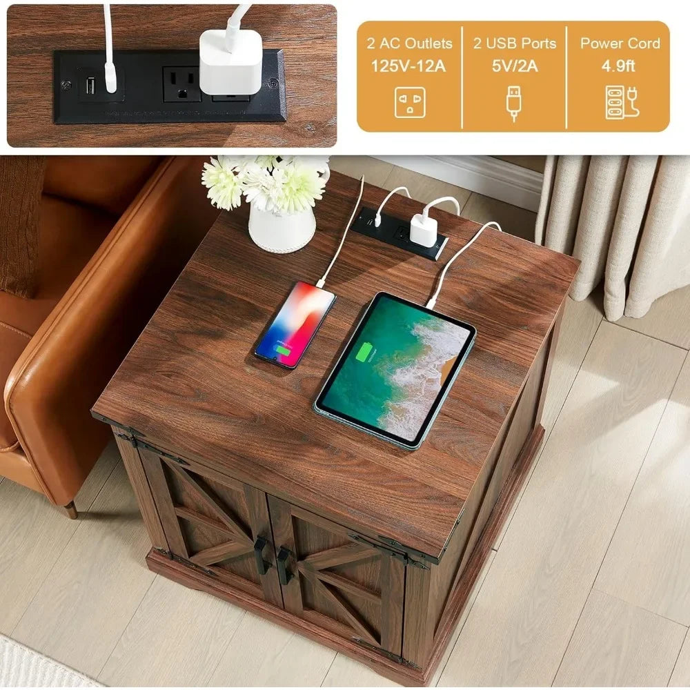 Farmhouse End Table with Charging Station Rustic Wood Nightstand 24"