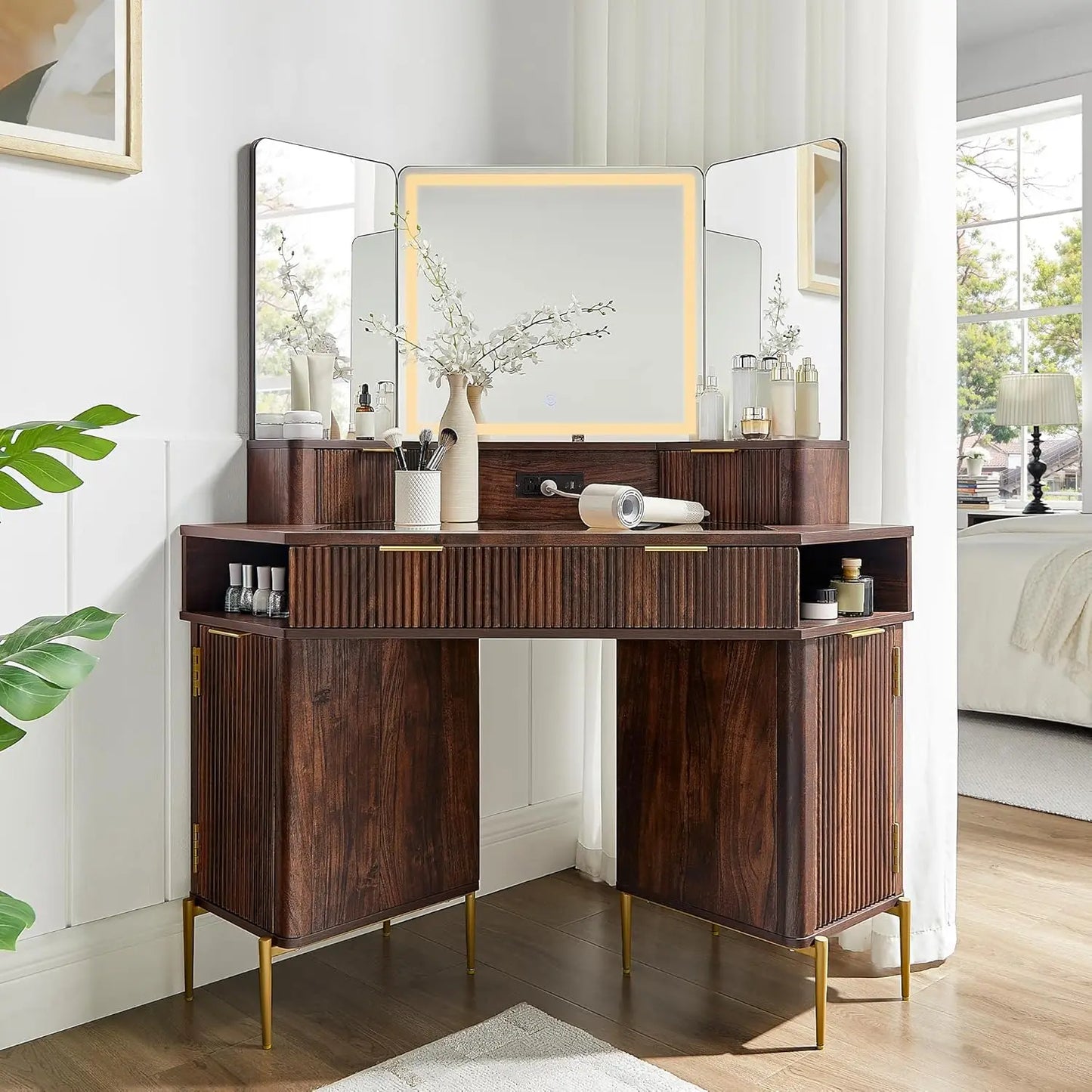 Corner Vanity Desk with Mirror Lights Storage and Charging Outlet