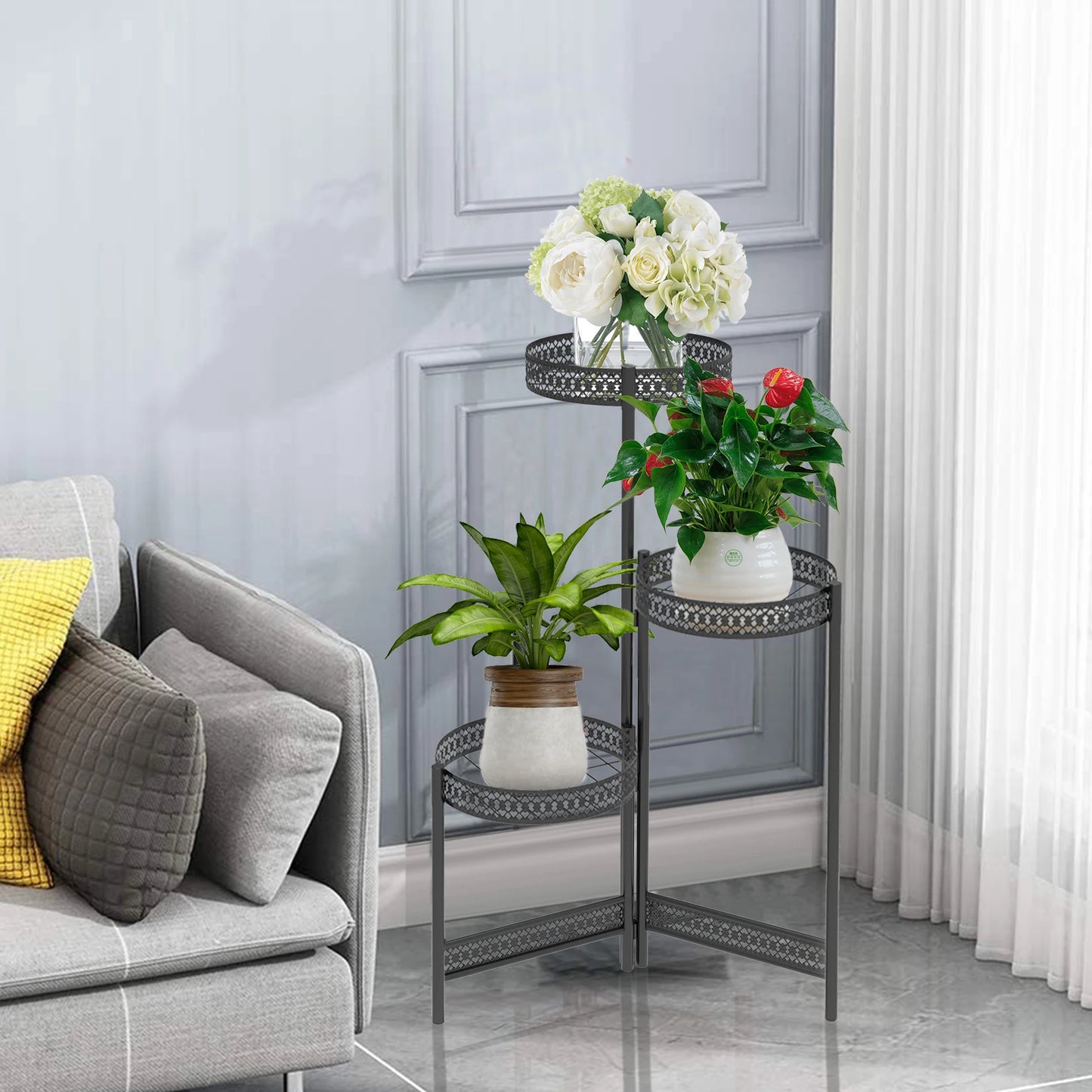 3 Tier Metal Plant Stand Indoor Foldable Flower Pot Holder Display Rack