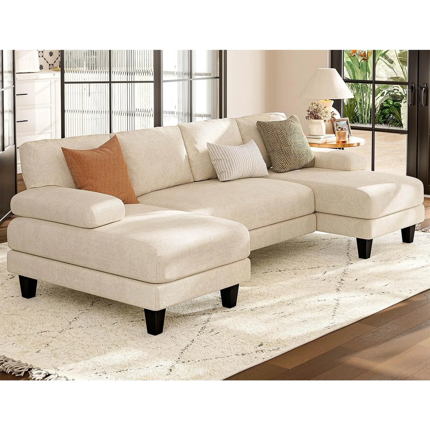 U-Shaped Sectional Sofa 111" w/ Double Chaise, Chenille Couch, Beige, Modular