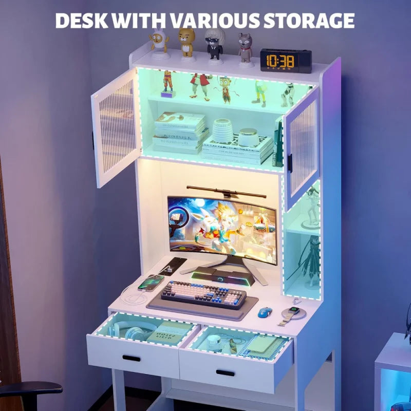 Ljustra Modern Office Desk with Hutch LED Lights Power Outlet Storage