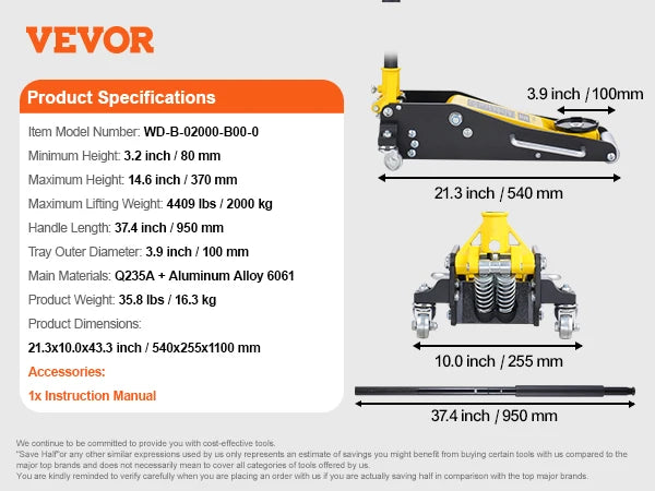 Ljustra Hydraulic Floor Jack 3 Ton Low Profile Aluminum Auto Repair Tool