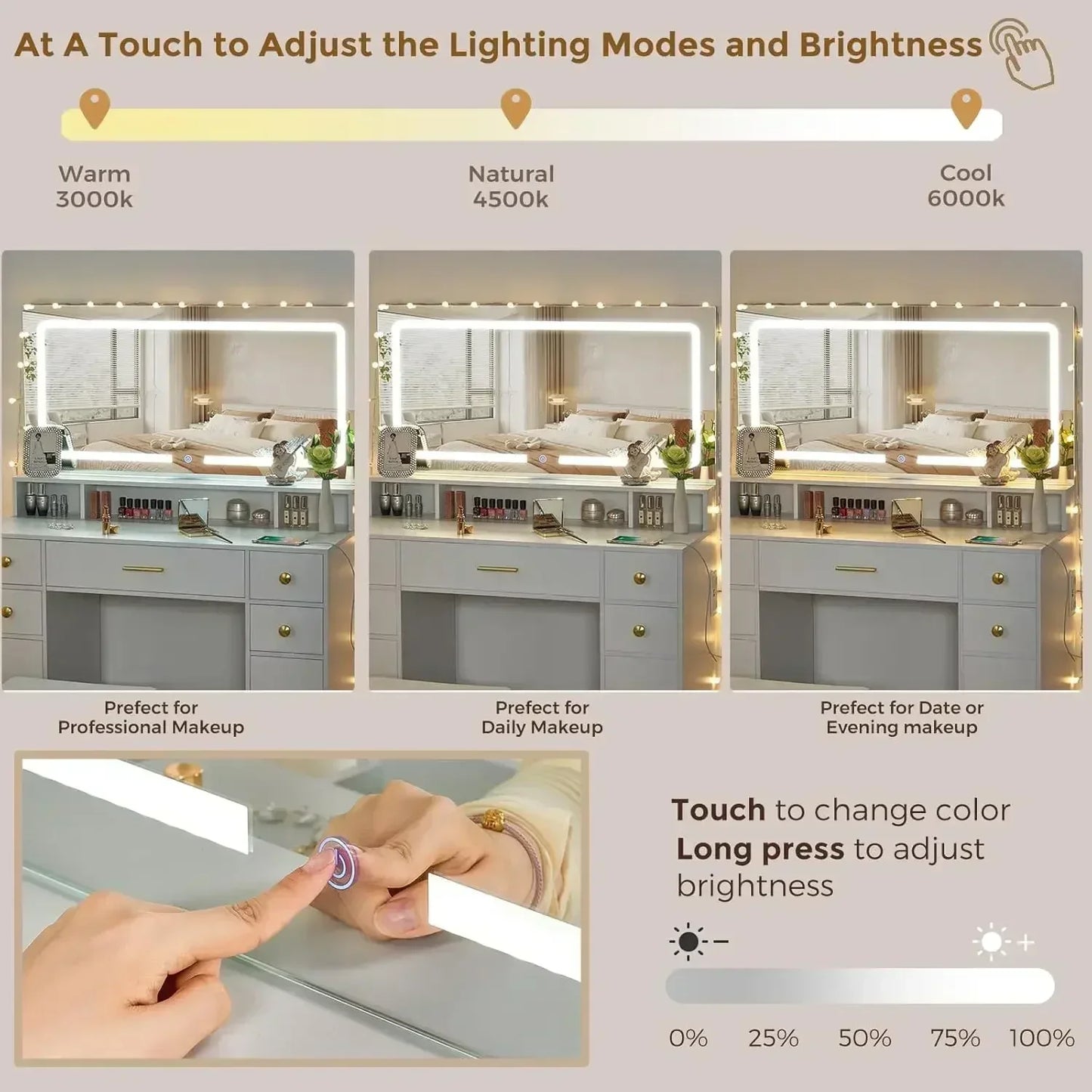 Vanity Desk Set LED Lighted Mirror Makeup Table with Storage and Stool