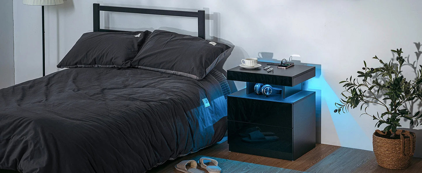 Nightstand with Wireless Charging USB Ports Modern Bedside Table Storage