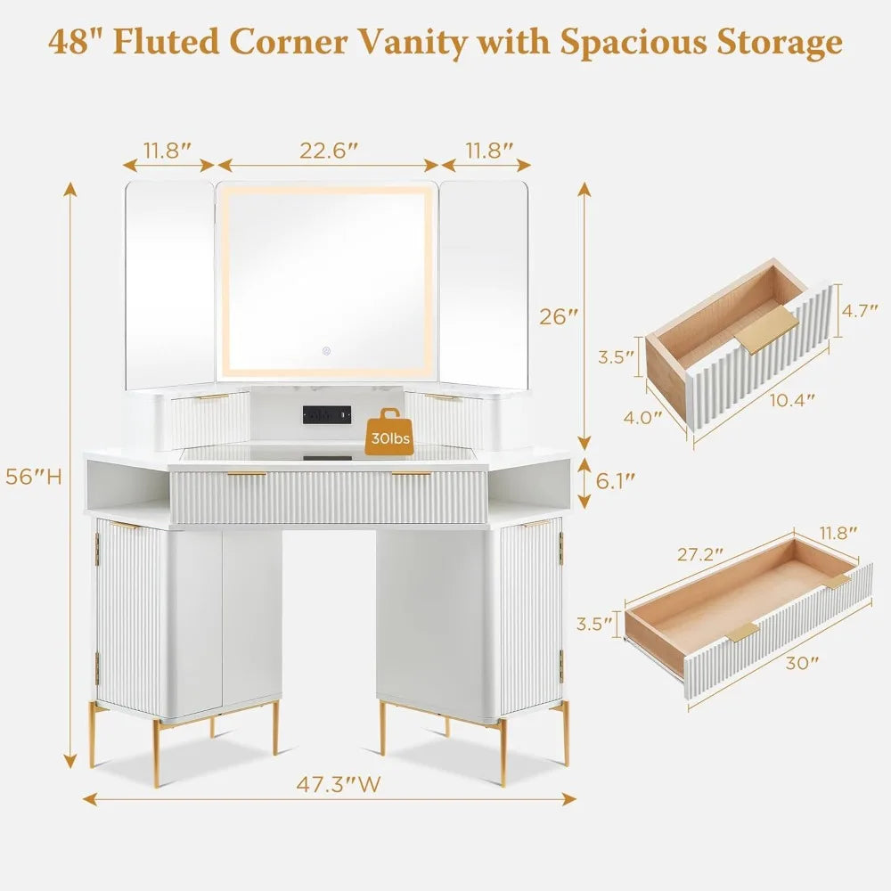 Corner Vanity Desk with Mirror Lights Storage and Charging Outlet