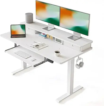 Adjustable Standing Desk with Drawers Keyboard Tray Storage Shelf