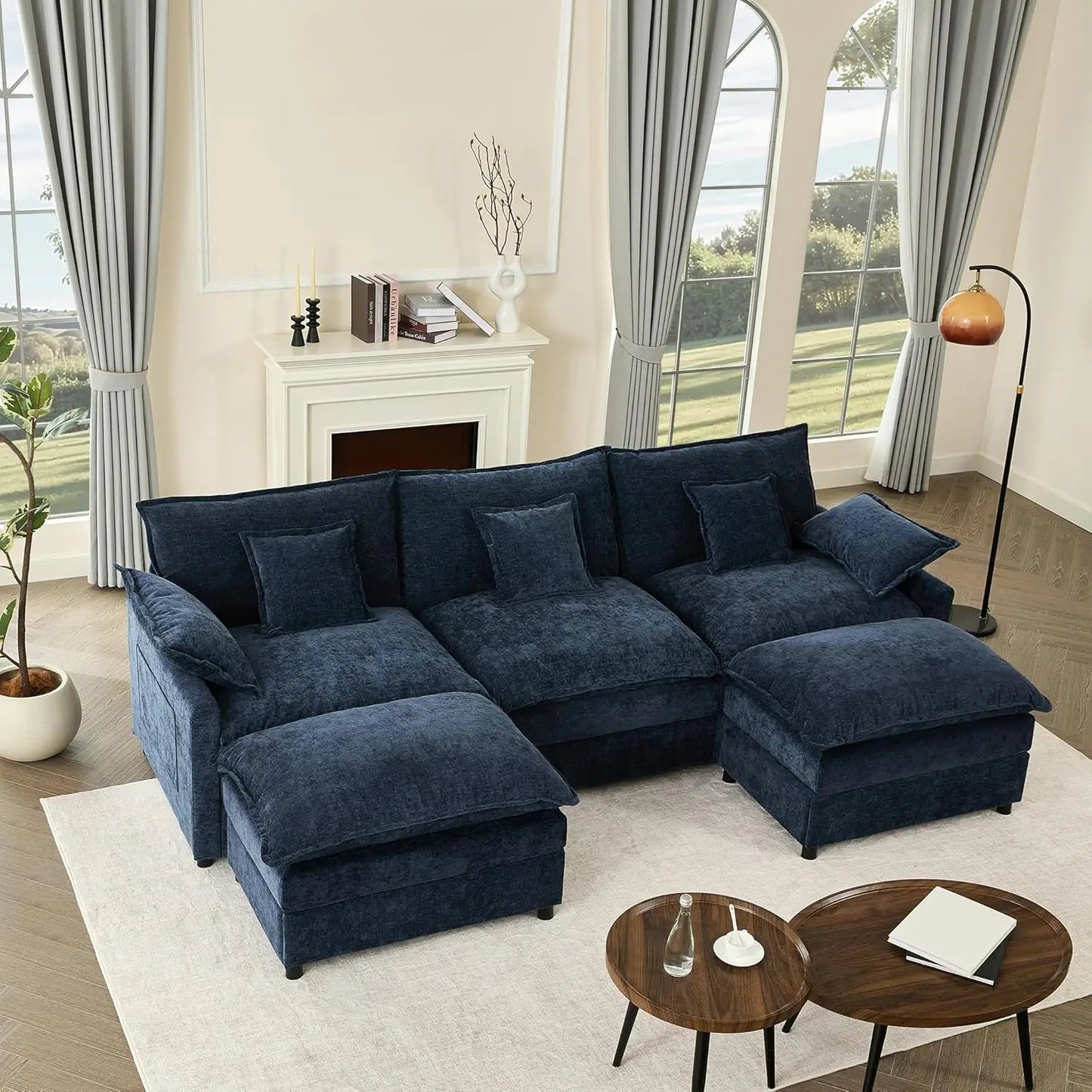 108" U-Shaped Modular Sectional Sofa Deep Seat Chenille Cloud Couch w/ Ottoman
