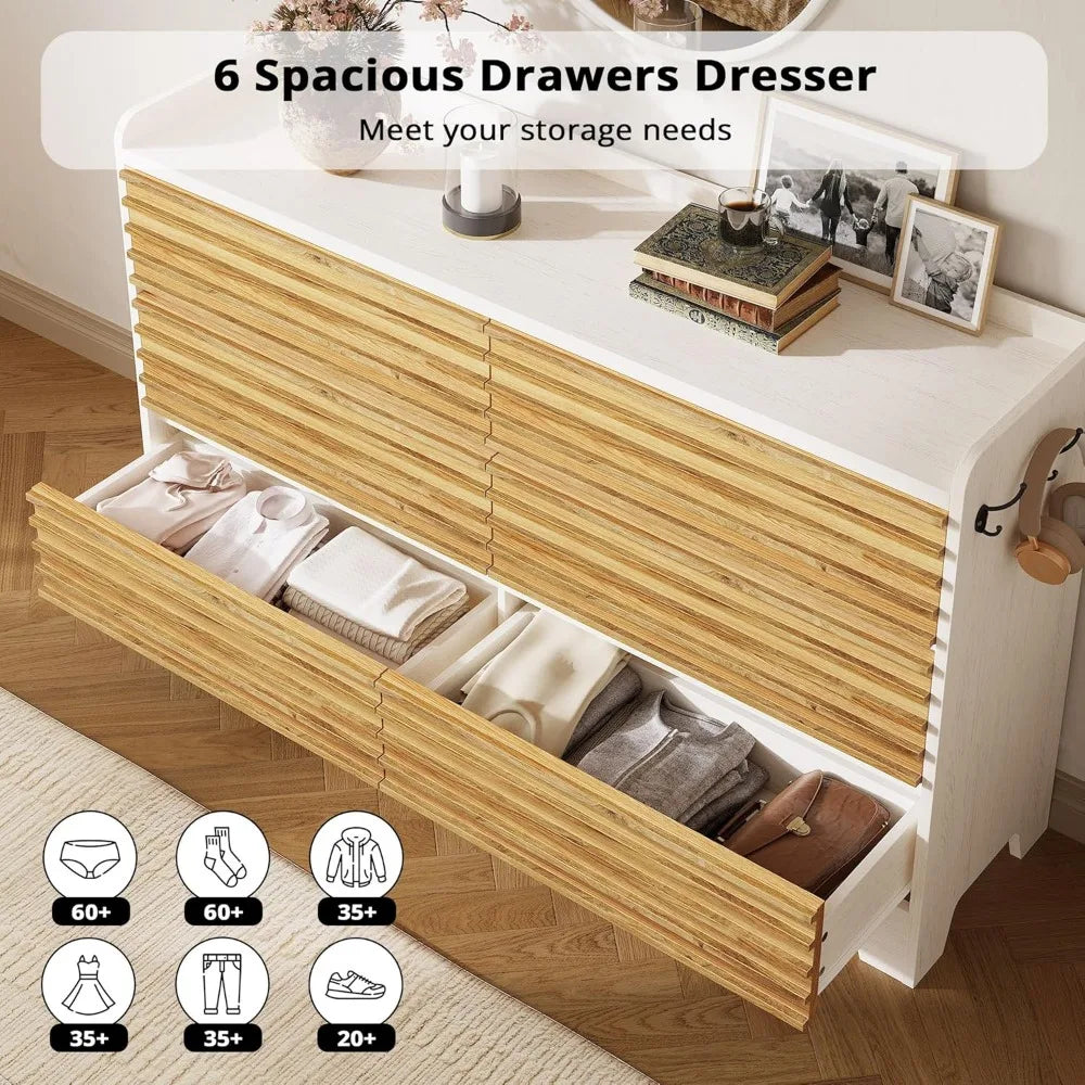Fluted Dresser 59" Wide Wood Chest with 6 Drawers and Hooks for Bedroom